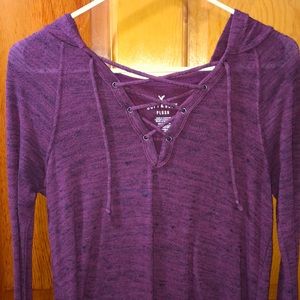 American Eagle Hooded Long Sleeve Lace Up Sweater